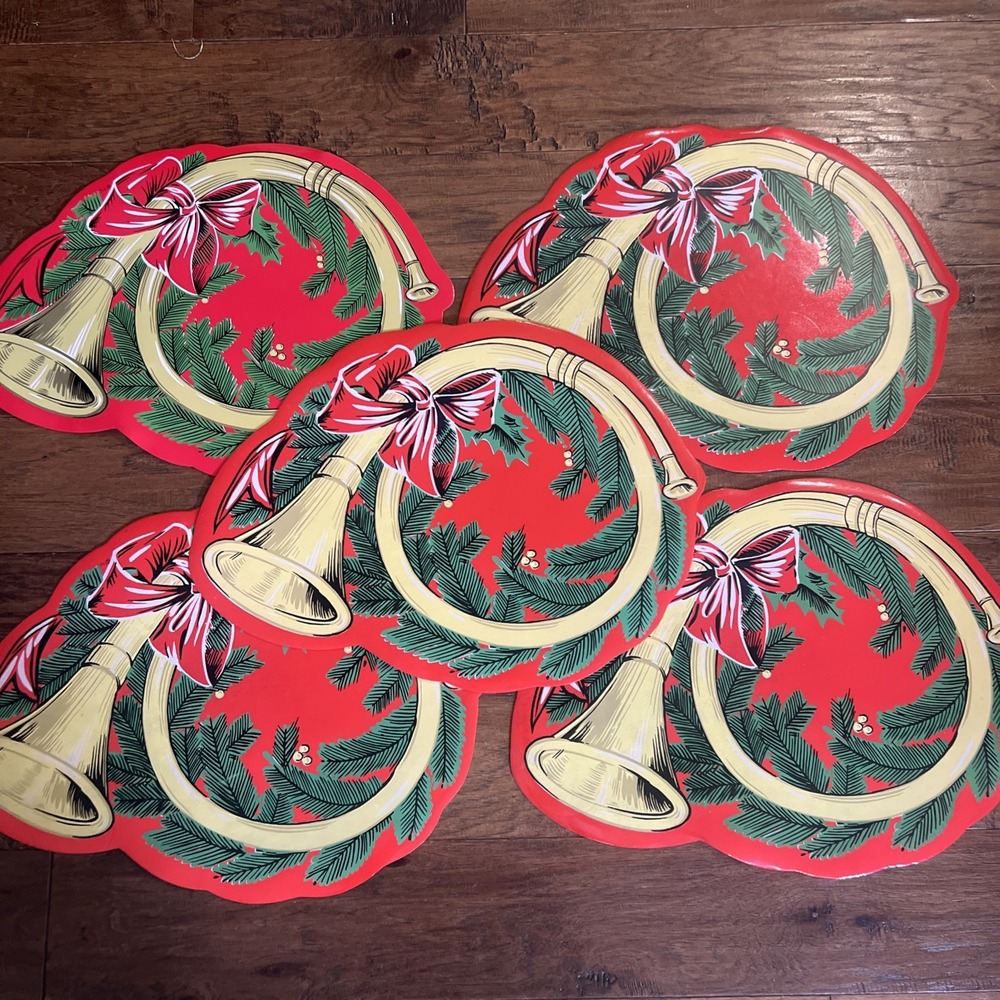 Vintage Christmas Placemats Town & Country Vinyl French Horn —Set Of 5